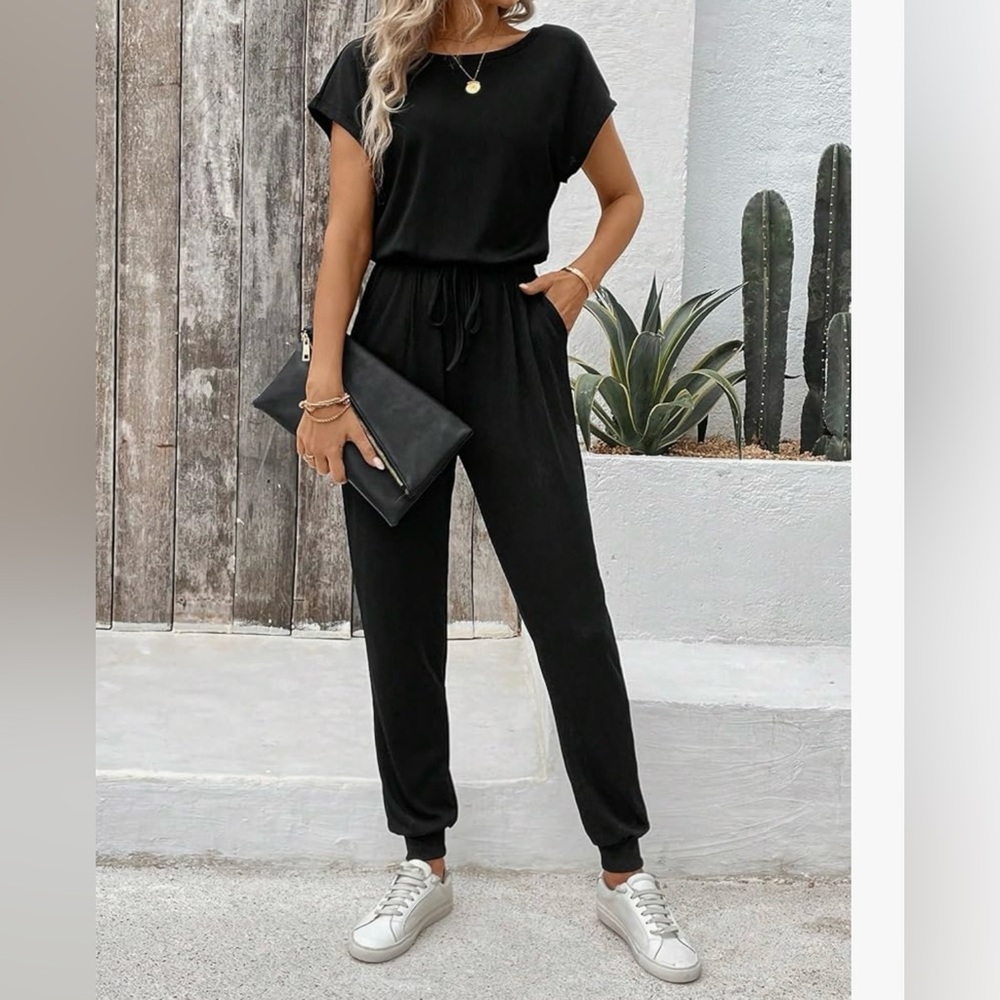 Black Drawstring Casual Jumpsuit with Pockets – Size M – Soft Stretchy Fabric - Picture 2 of 3